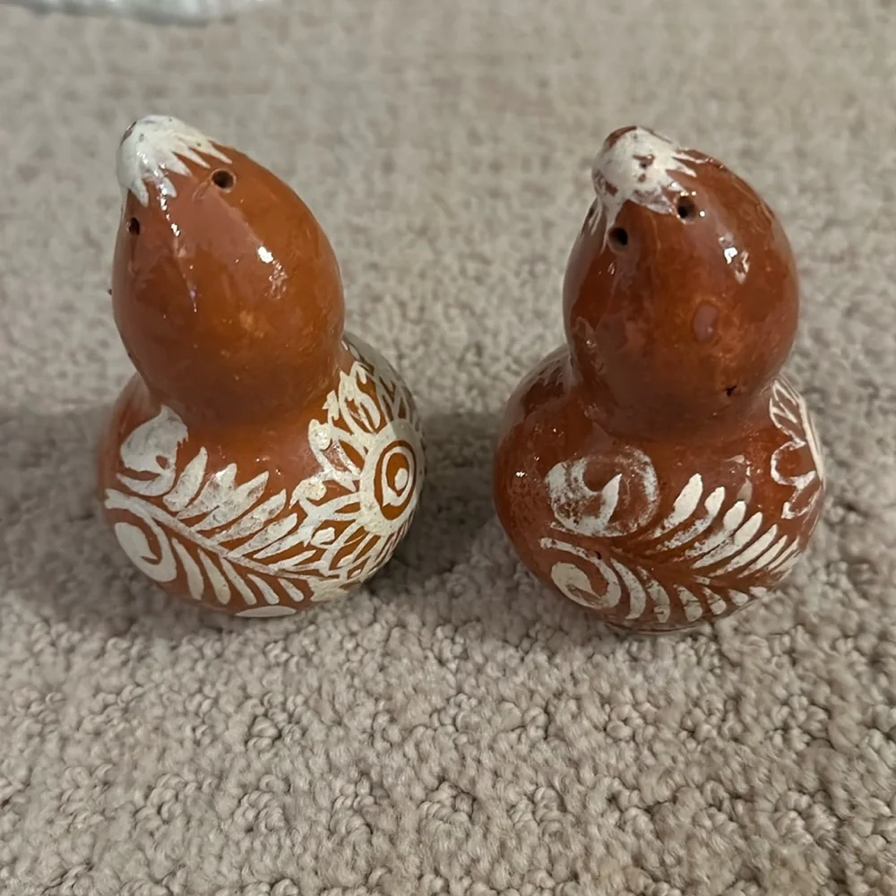 Hand made Terra Cotta painted gourd salt and pepper shakers